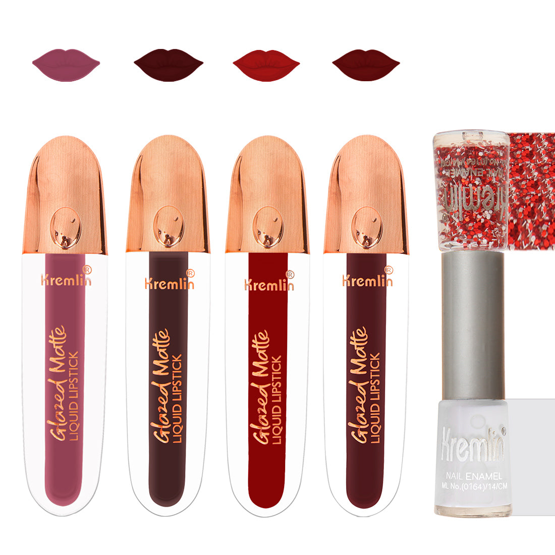 Glazed Matte Liquid Lipstick Combo Set of 5 with Nail Paint- Virgin