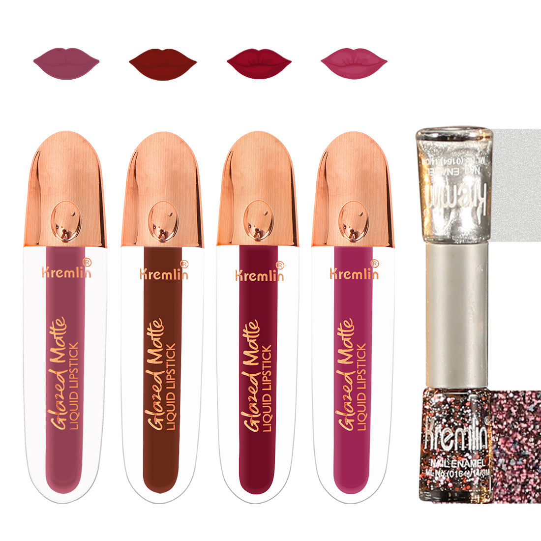 Glazed Matte Liquid Lipstick Combo Set of 5 with Nail Paint- Virgin