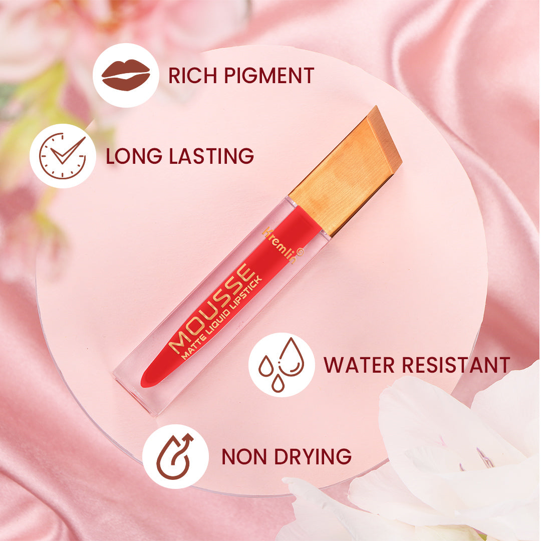 Mousse Matte Liquid Lipstick Fiery Queen Combo Set of 5 With Nail Paint -Fiery Queen,Rosette,Mermaid,Normally Nude,Red-Black