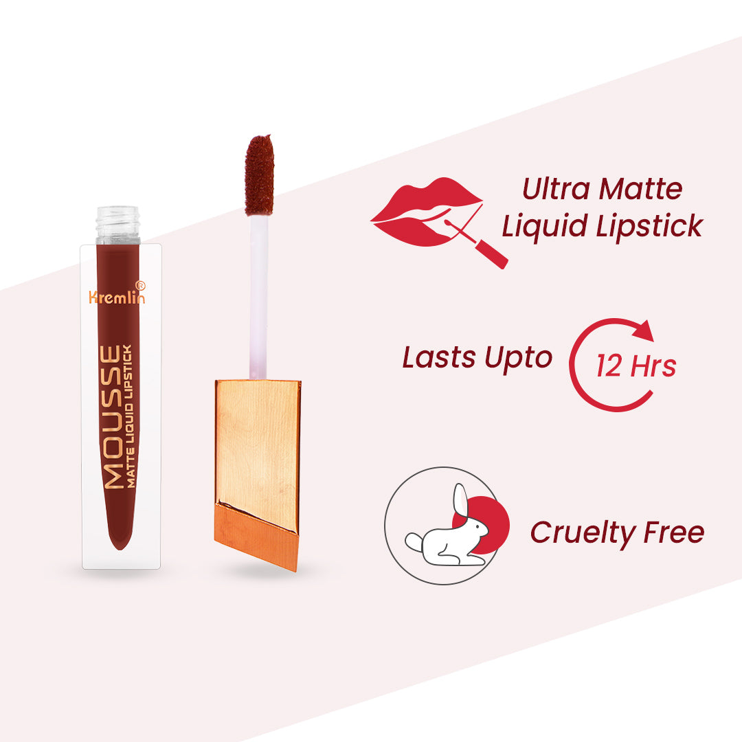 Mousse Matte Liquid Lipstick Rustique Combo Set of 5 With Nail Paint -Rustique,Normally Nude,Rosette,Mermaid,Black-Top Coat