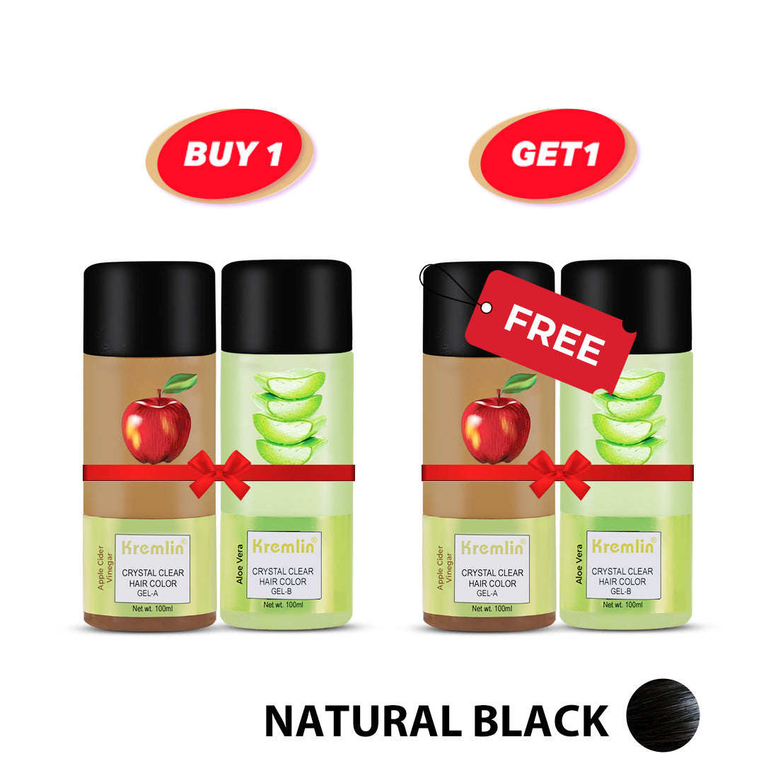 Combo Pack of 2 Kremlin Crystal Clear Gel Hair Colour-100ml+100ml Apple and Aloe Vera- New Super Saver- Natural Black