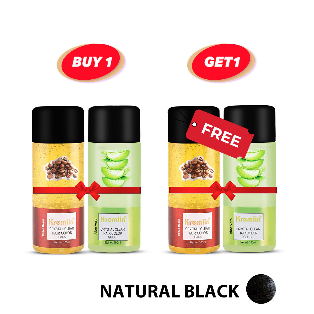 Combo Pack of 2 Kremlin Crystal Clear Gel Hair Color- 100ml+100ml Coffee Beans and Aloe Vera- Natural Black