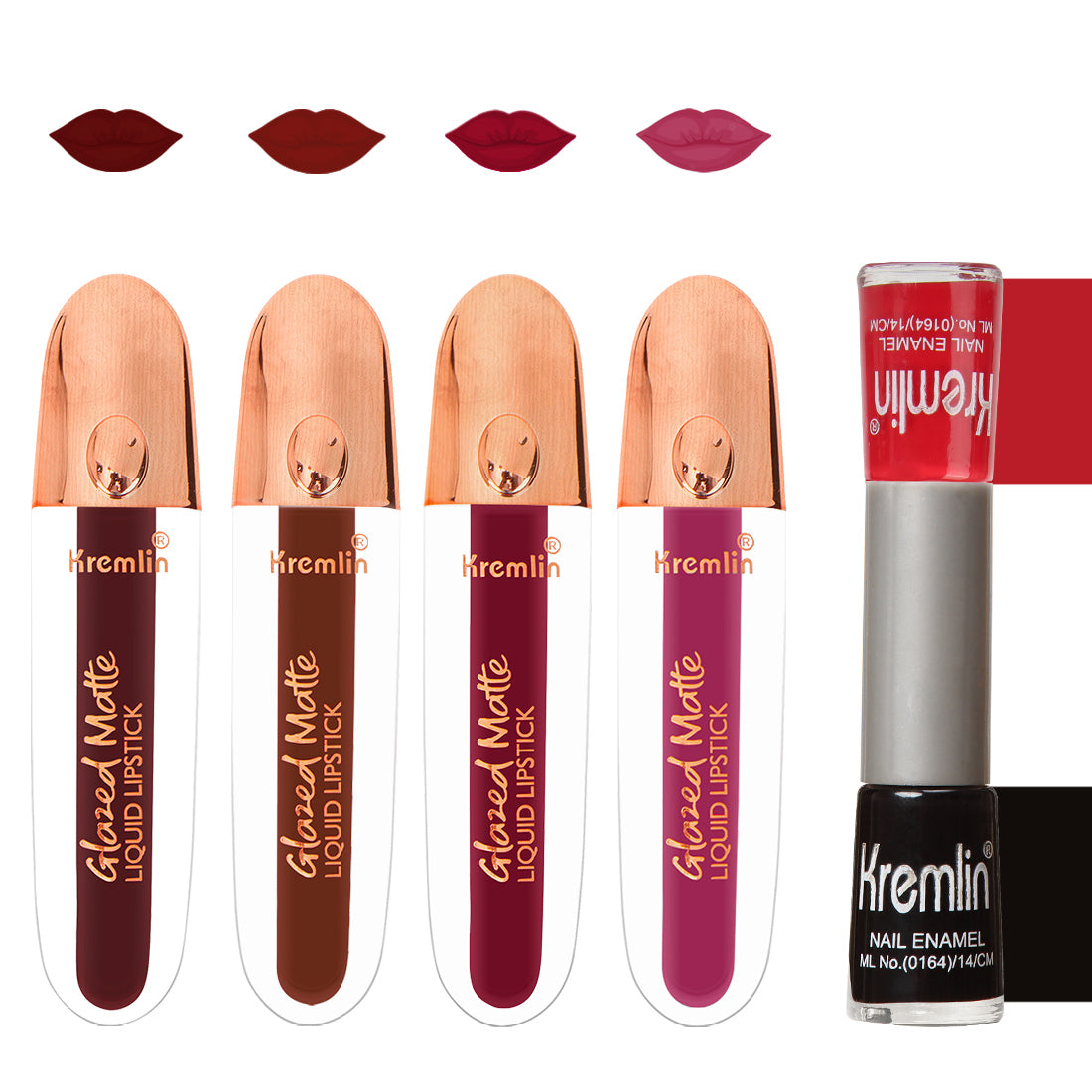 Glazed Matte Liquid Lipstick Combo Set of 5 with Nail Paint- Wicked