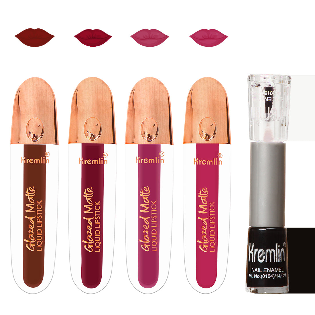 Glazed Matte Liquid Lipstick Combo Set of 5 with Nail Paint- Rustique