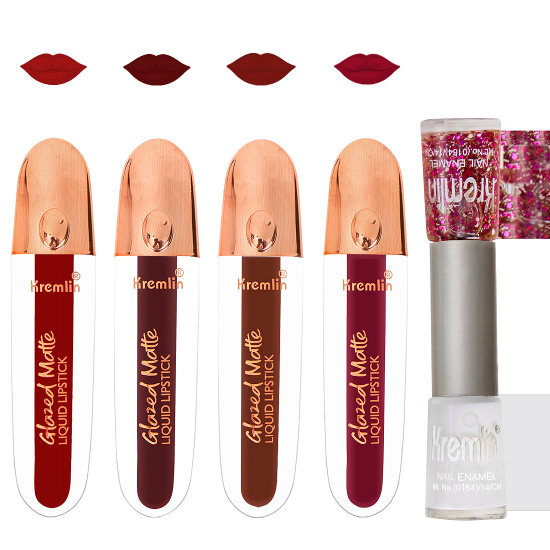Glazed Matte Liquid Lipstick Combo Set of 5 with Nail Paint- Fiery Queen