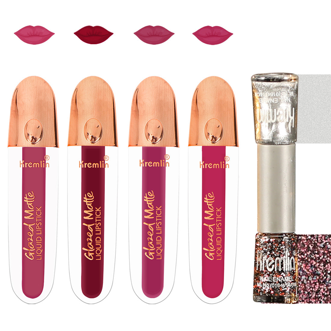 Glazed Matte Liquid Lipstick Combo Set of 5 with Nail Paint- Barbie