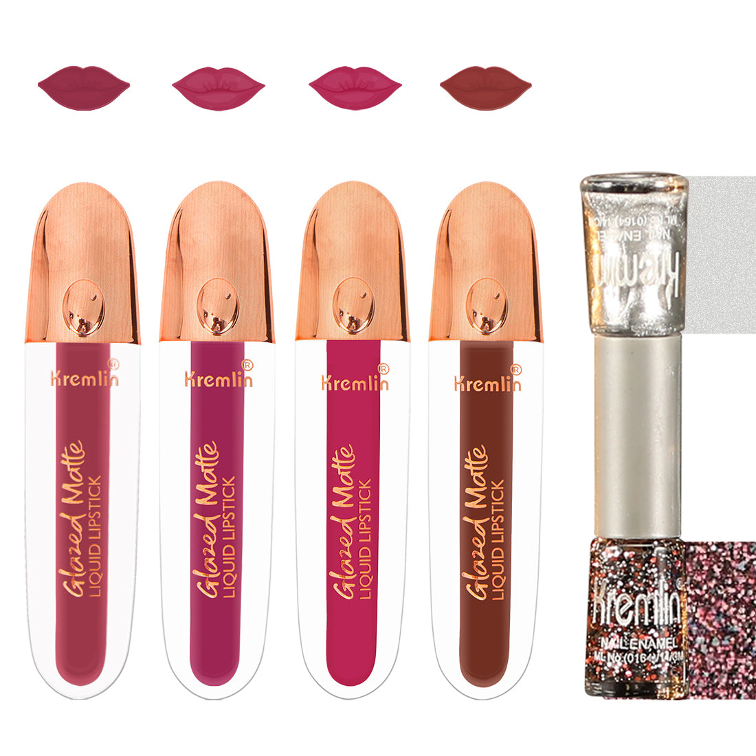Glazed Matte Liquid Lipstick Combo Set of 5 with Nail Paint- Smooth Symphony