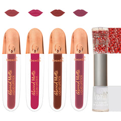 Glazed Matte Liquid Lipstick Combo Set of 5 with Nail Paint- Chilling Lips