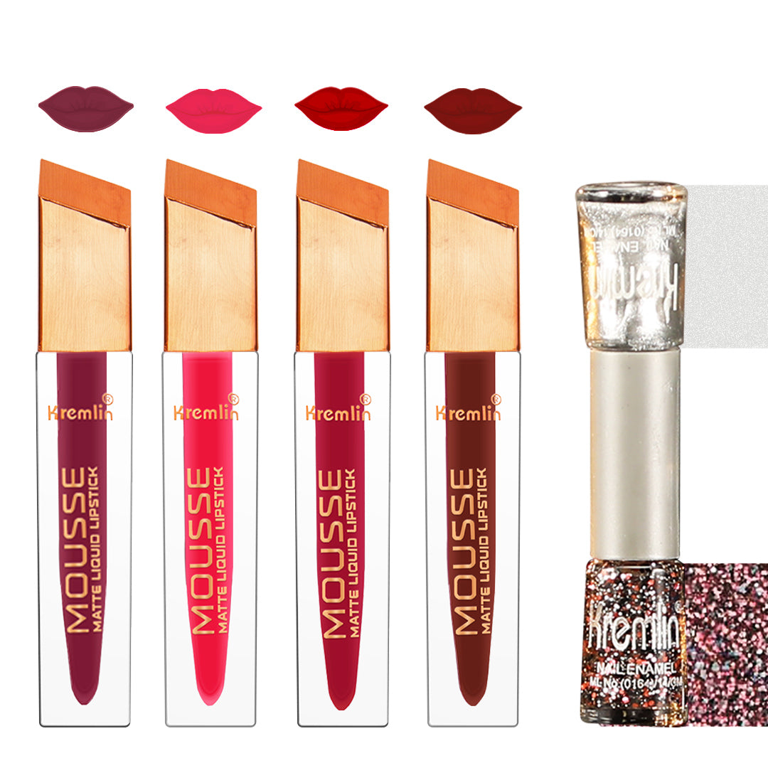 Mousse Matte Liquid Lipstick Virgin Combo Set of 5 With Nail Paint -Virgin,Rustique,Holy Berry,Rosette,Silver-Mix Cocktail